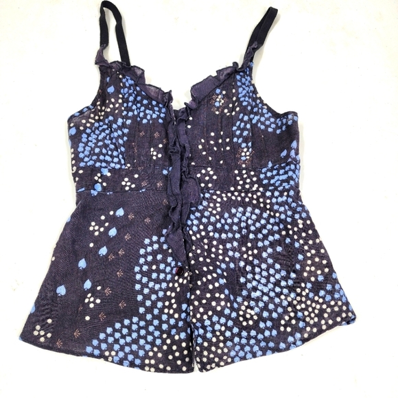 Free People Blue Linen Blend Pintuck Ruffle Button Front Spade Tank Top 0 - Picture 1 of 6